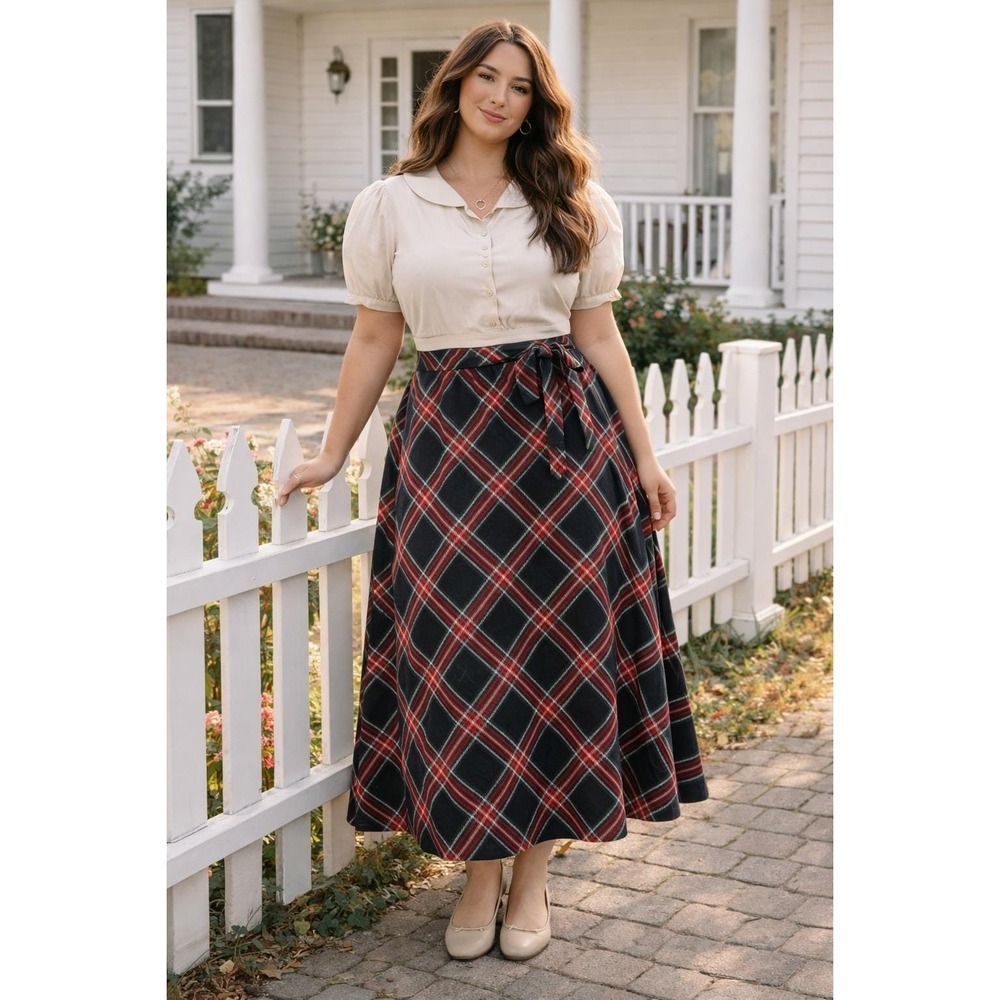 TradWife Preppy Red Black TartanPlaid Y2K Vintage 70s Classic Belt 18 Midi Skirt